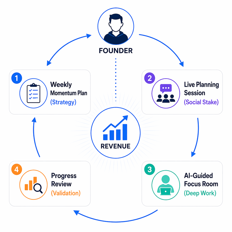The Solo Founder Accountability Loop showing Weekly Momentum Plan, Live Planning Session, AI-Guided Focus Room, and Progress Review.