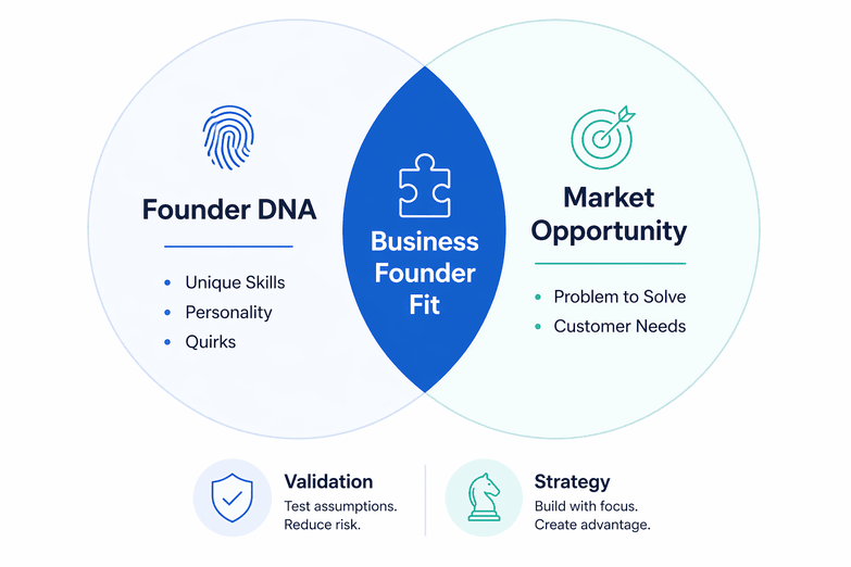 Founder-Market Fit Alignment Matrix showing Founder DNA and Market Opportunity intersecting as Business Founder Fit.