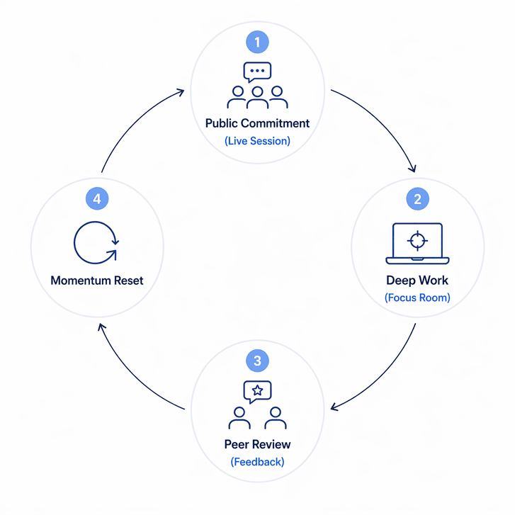 The Commitment Loop showing public commitment, deep work, peer review, and celebration.