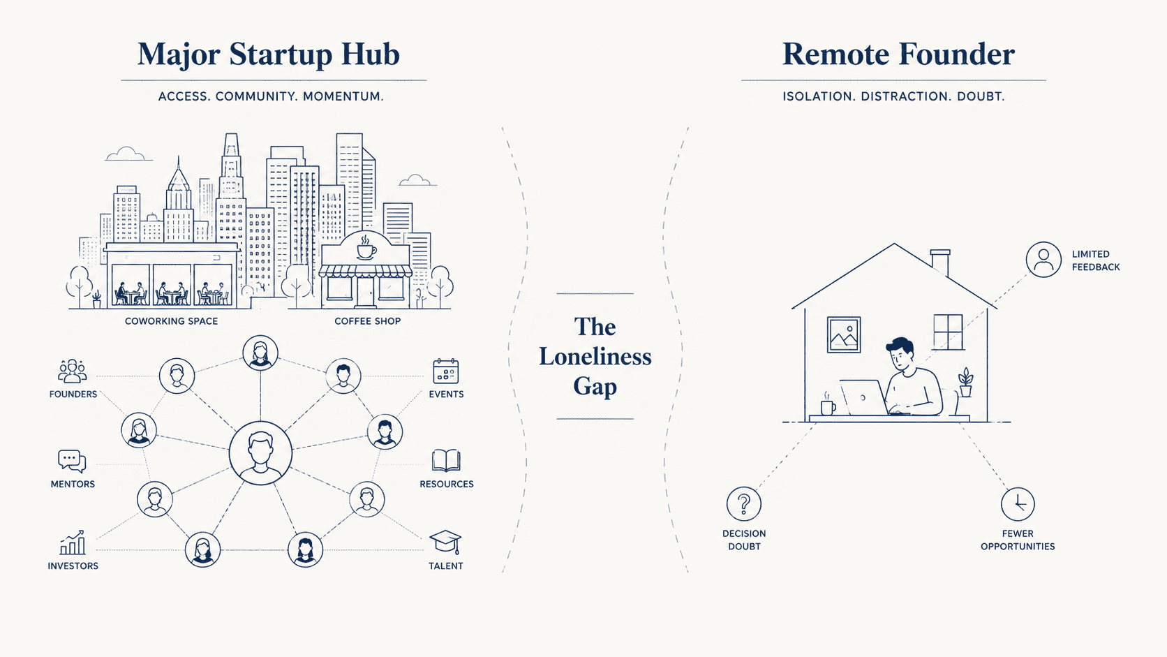 The Loneliness Gap showing entrepreneurial density in startup hubs versus isolation experienced by remote founders.